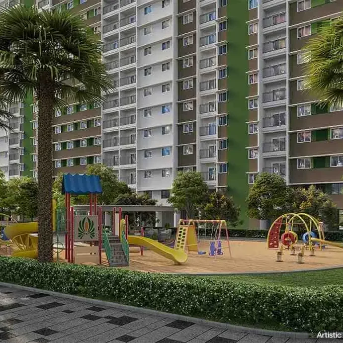 Children's play area with climbing frames below the towers, developer artist impression