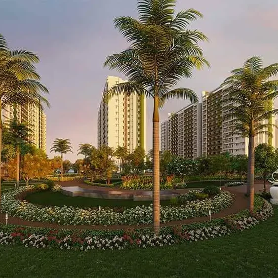 Circular palm garden at dusk with the towers behind, developer artist impression