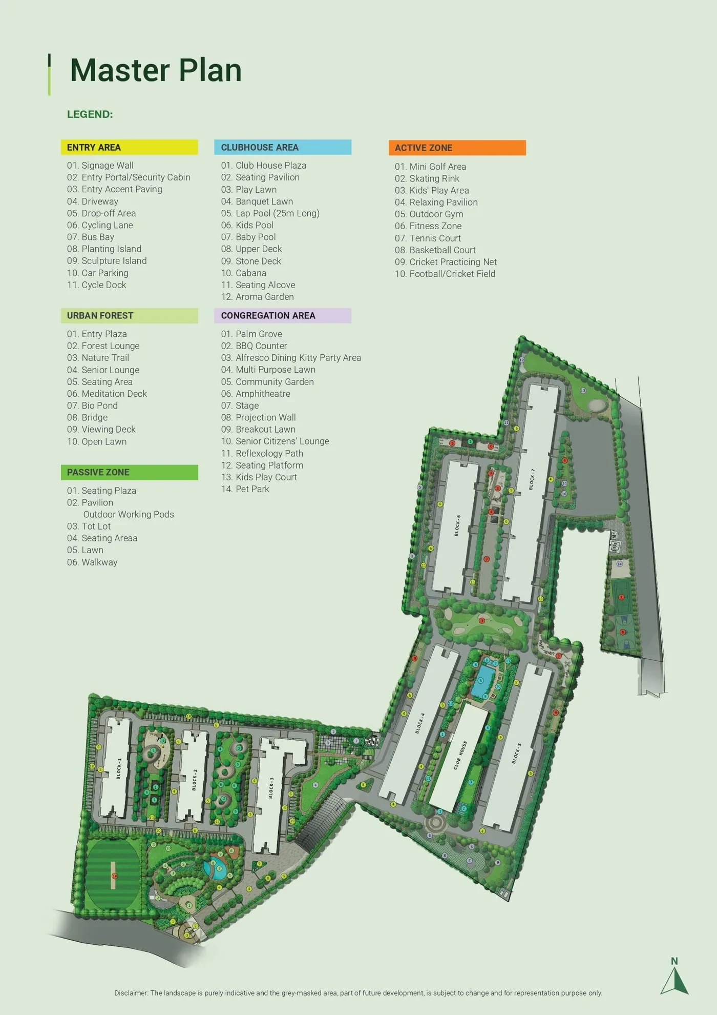 Adarsh Parkland Phase 2 master plan showing six zones across 21 acres with the numbered amenity legend