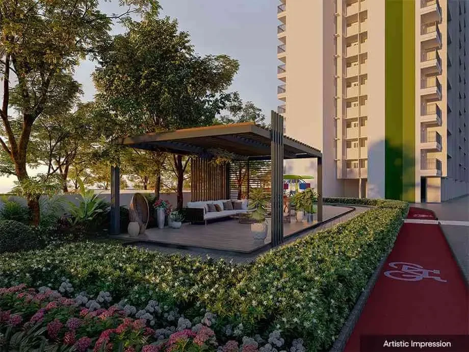 Outdoor lounge pergola with seating, developer artist impression
