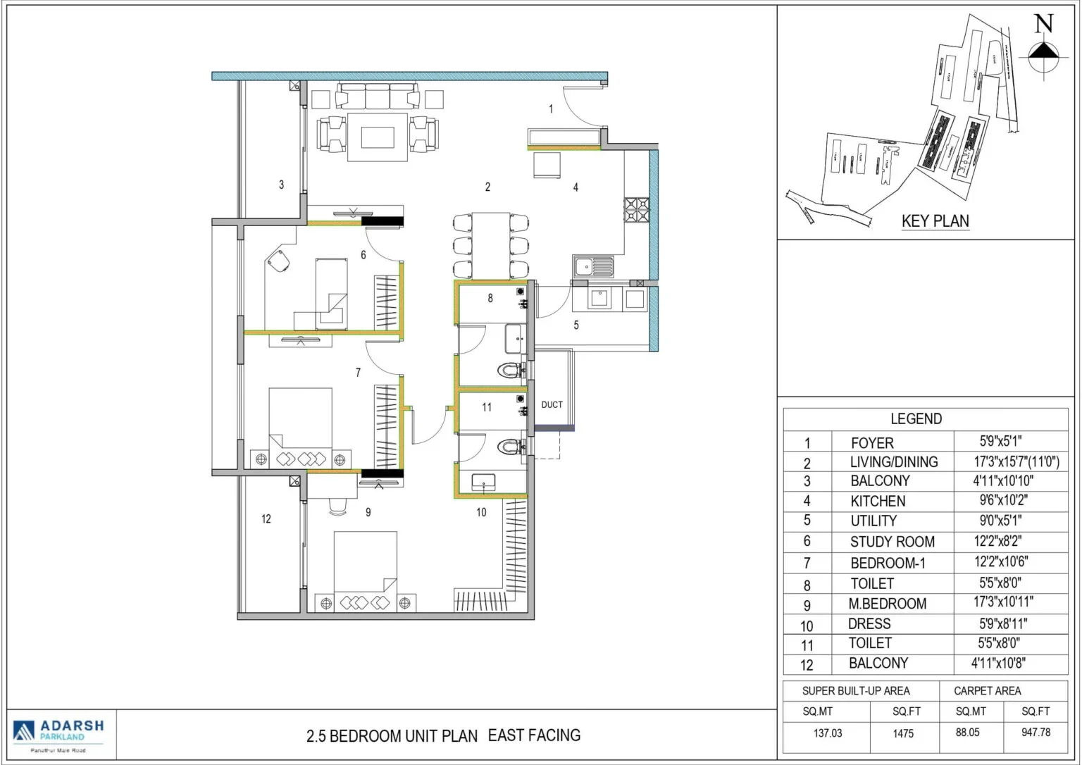 2.5 BHK east-facing unit plan, 947.78 sq.ft carpet within 1,475 sq.ft super built-up, with room dimensions