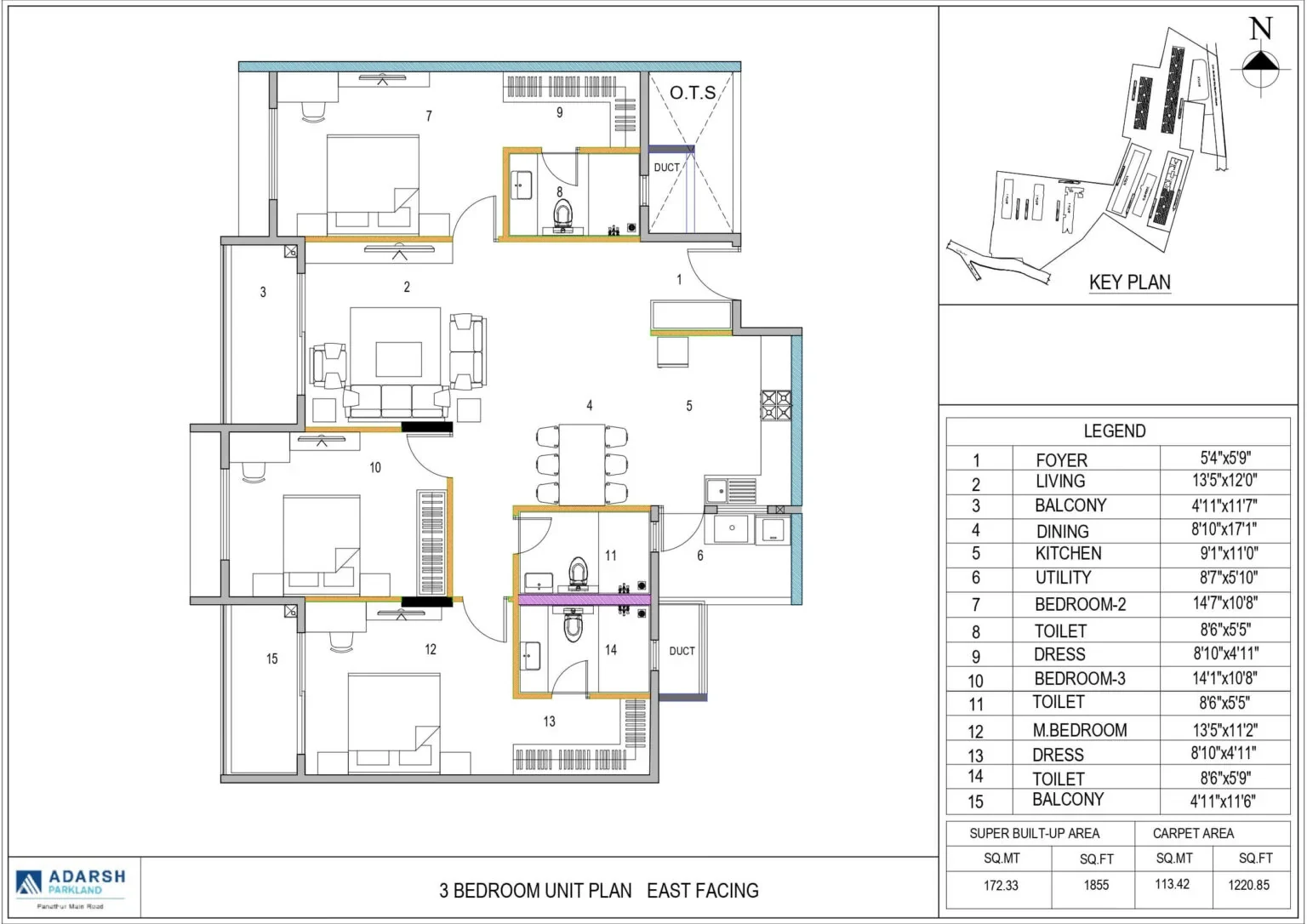 3 BHK east-facing unit plan, 1,220.85 sq.ft carpet within 1,855 sq.ft super built-up, with room dimensions